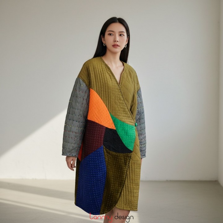 Áo chần bông lụa tơ tằm sắc màu mảnh ghép sắc màu